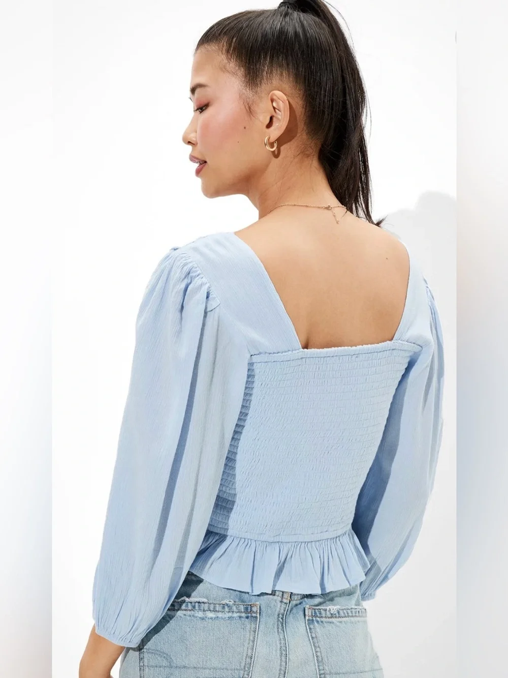 American Eagle size Medium Light Blue Cottagecore Crochet Peasant Boho Blouse